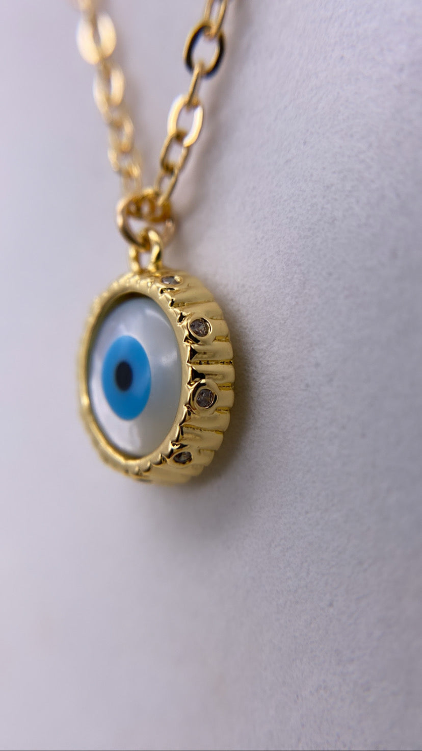 Evil Eye Mother of Pearl Pendant Necklace - Gold Filled