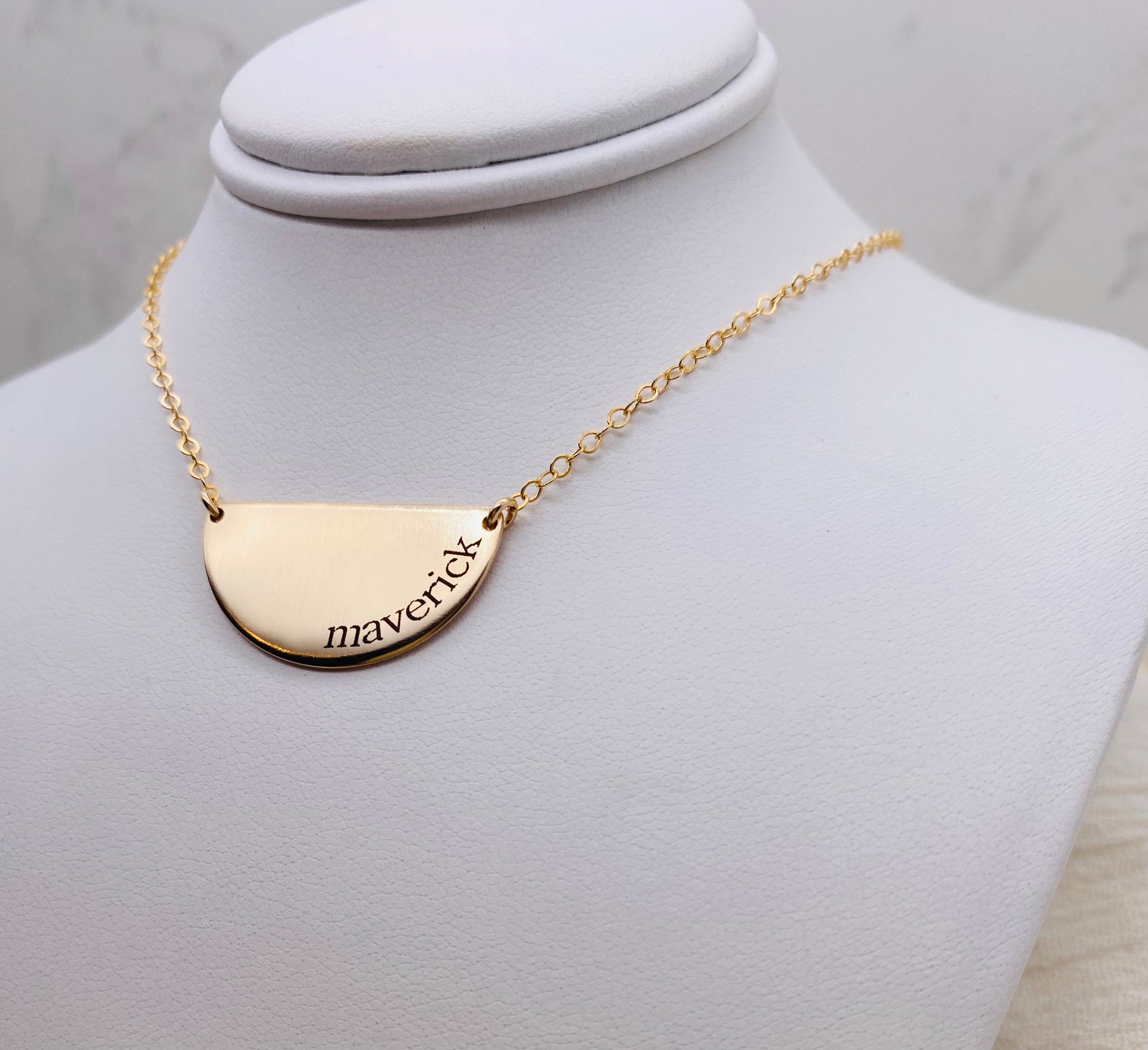 Half Moon Necklace - Laser Engraved - Gold Filled