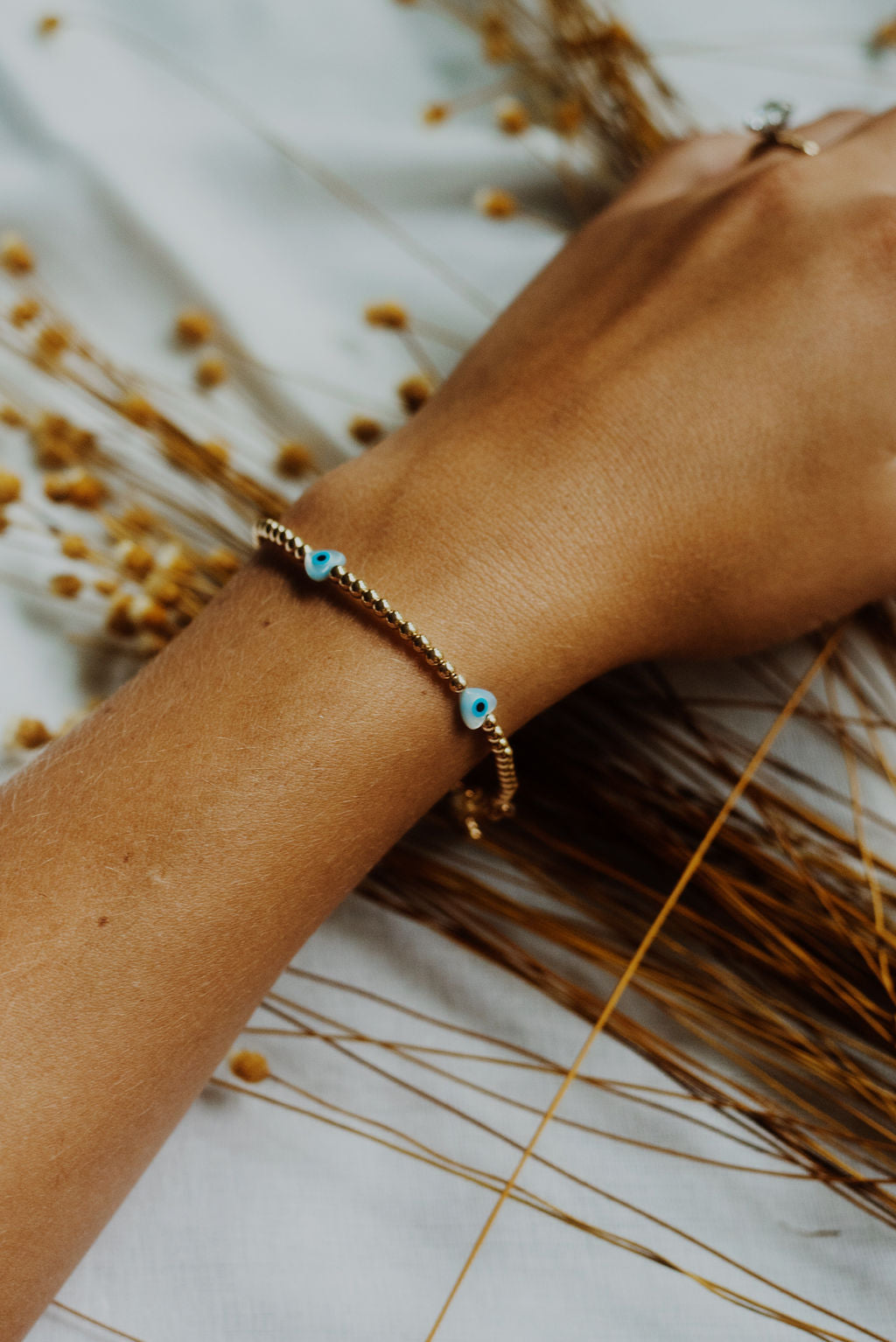 Evil Eye Mother of Pearl Heart Gold Filled Bracelet