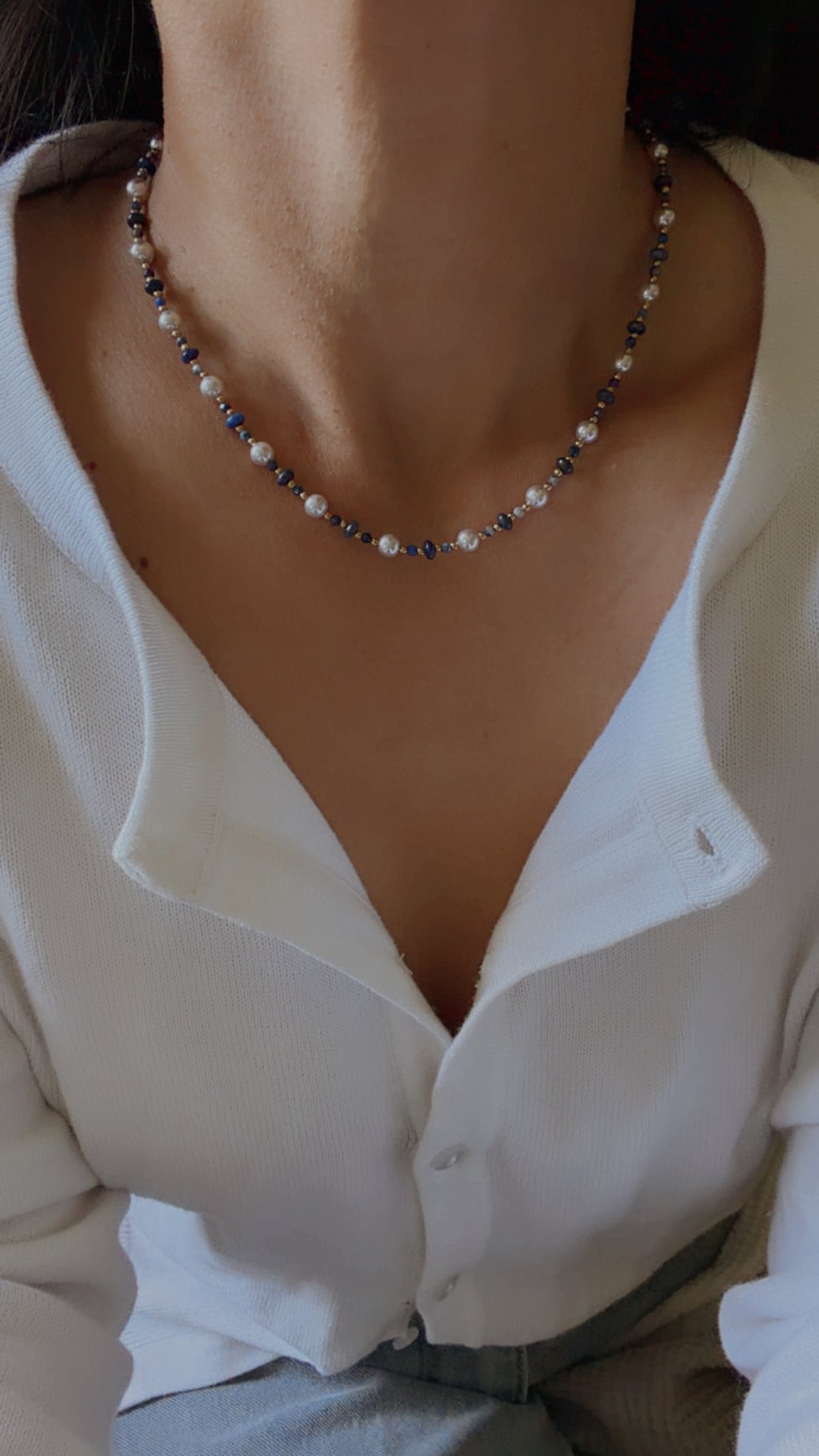 Blue Stone & Pearl like beaded Necklace