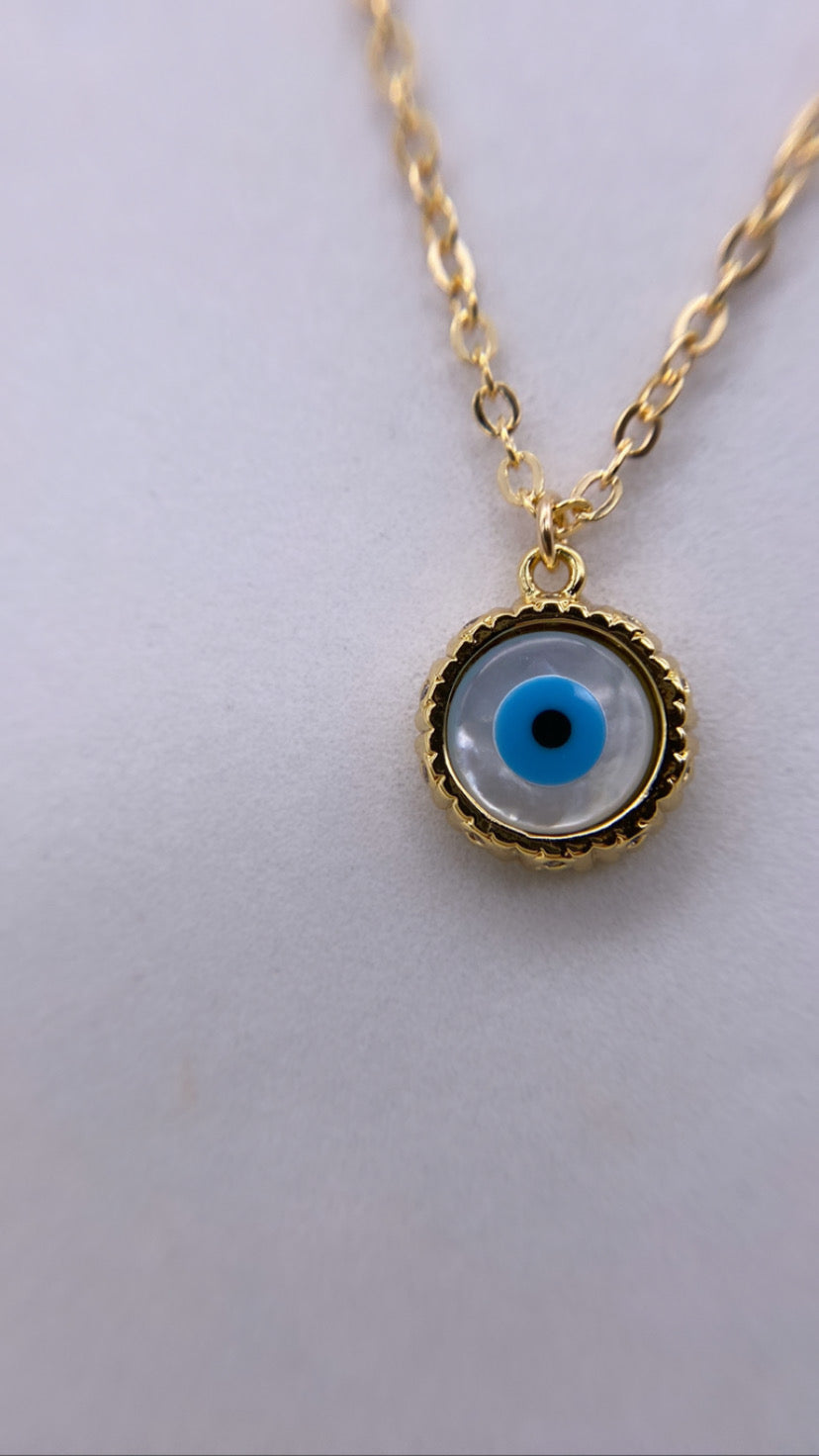 Evil Eye Mother of Pearl Pendant Necklace - Gold Filled