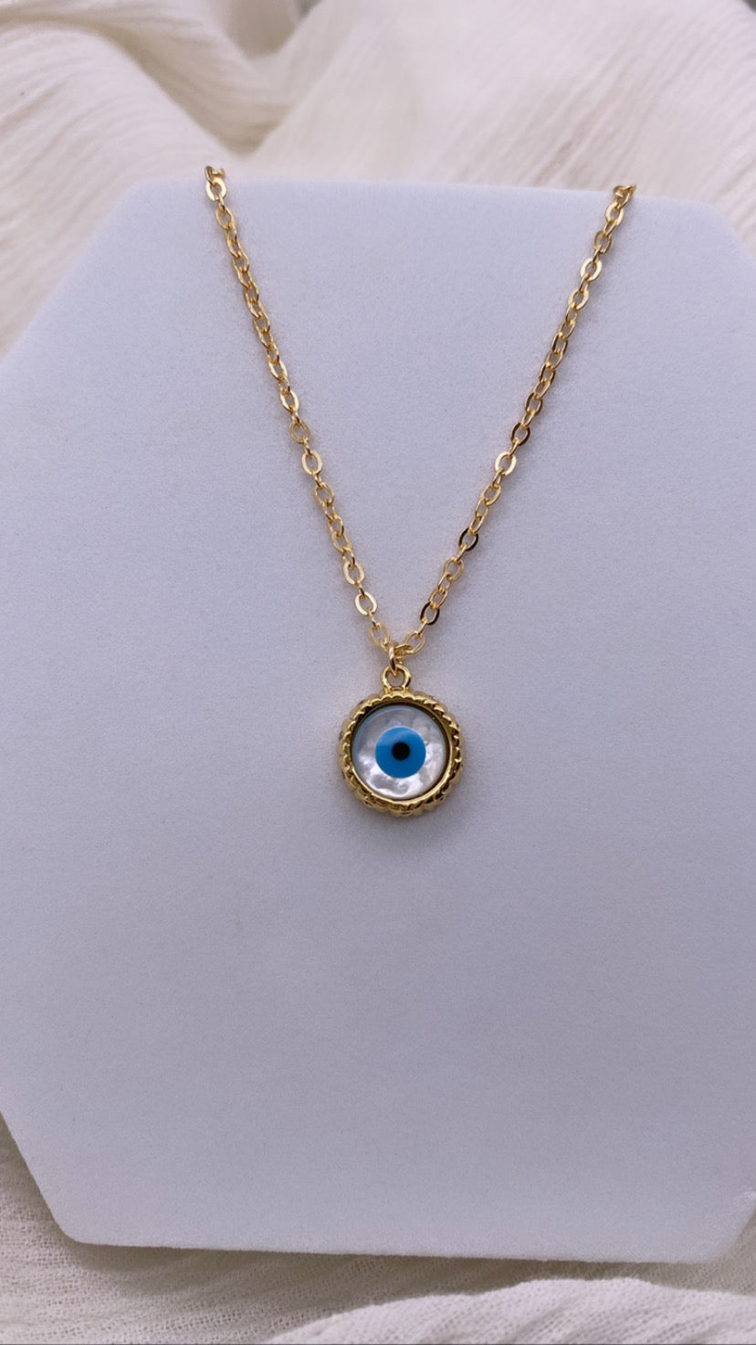 Evil Eye Mother of Pearl Pendant Necklace - Gold Filled