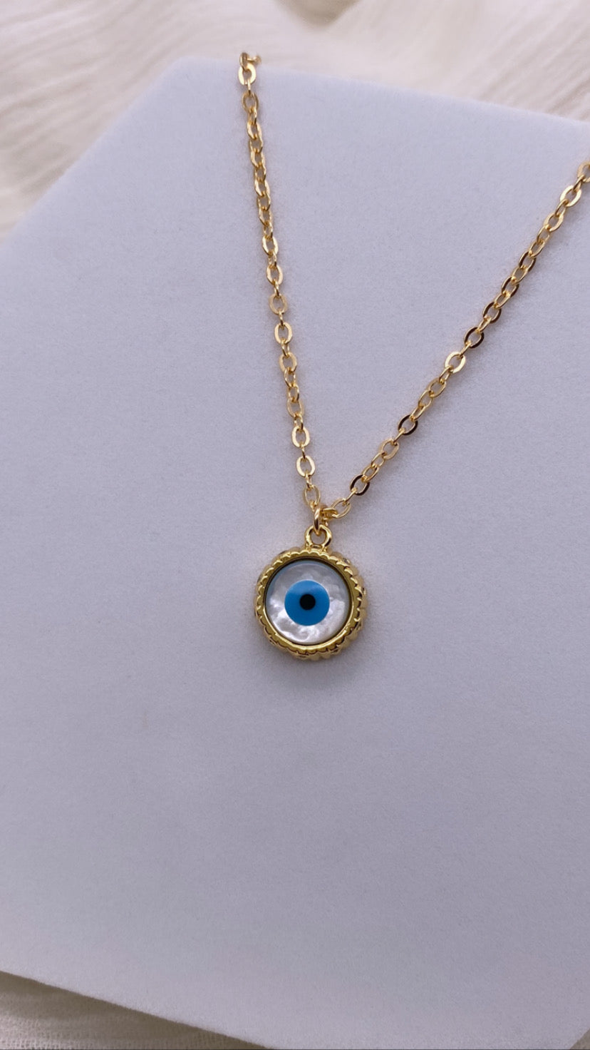 Evil Eye Mother of Pearl Pendant Necklace - Gold Filled
