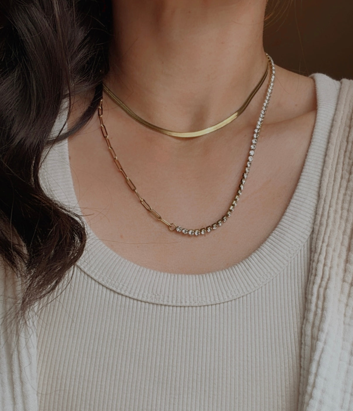 1/2 Tennis 1/2 Paperclip Necklace - 18K