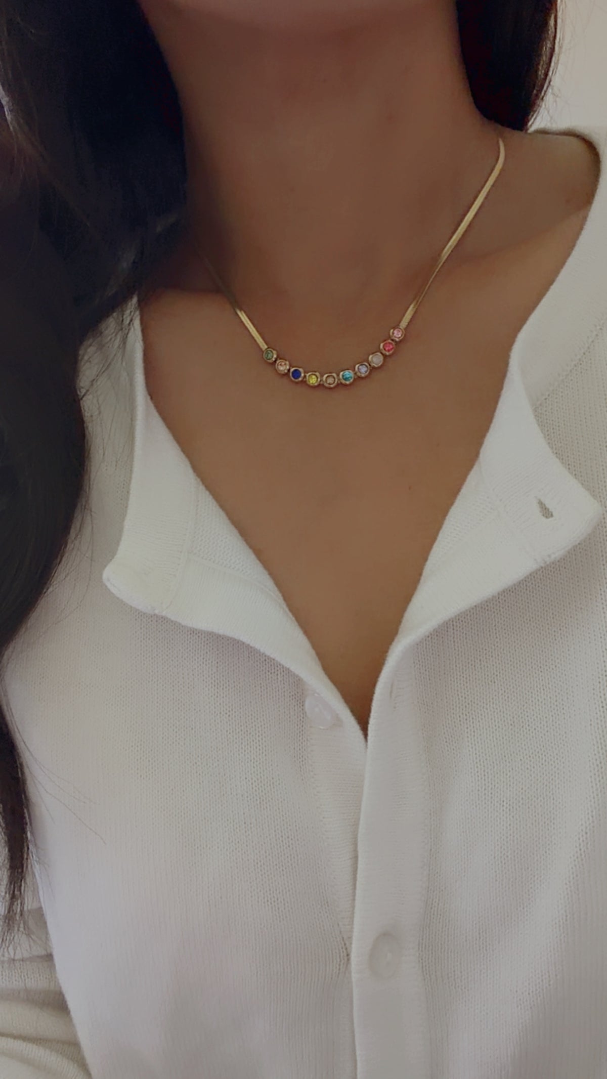Multi Color Stone Herringbone Necklace - 18K