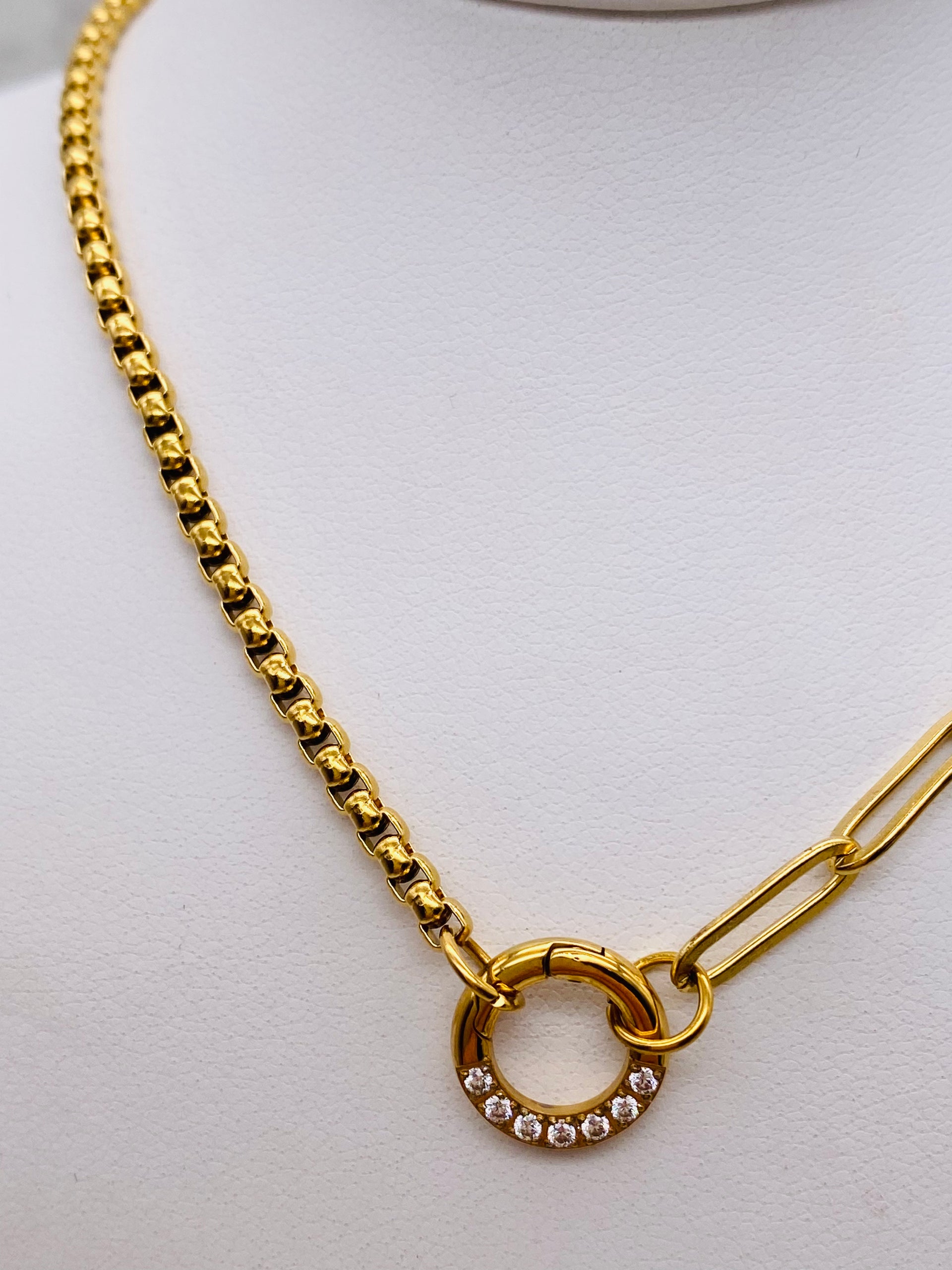 Box & Paperclip Chain CZ Charm Holder Necklace