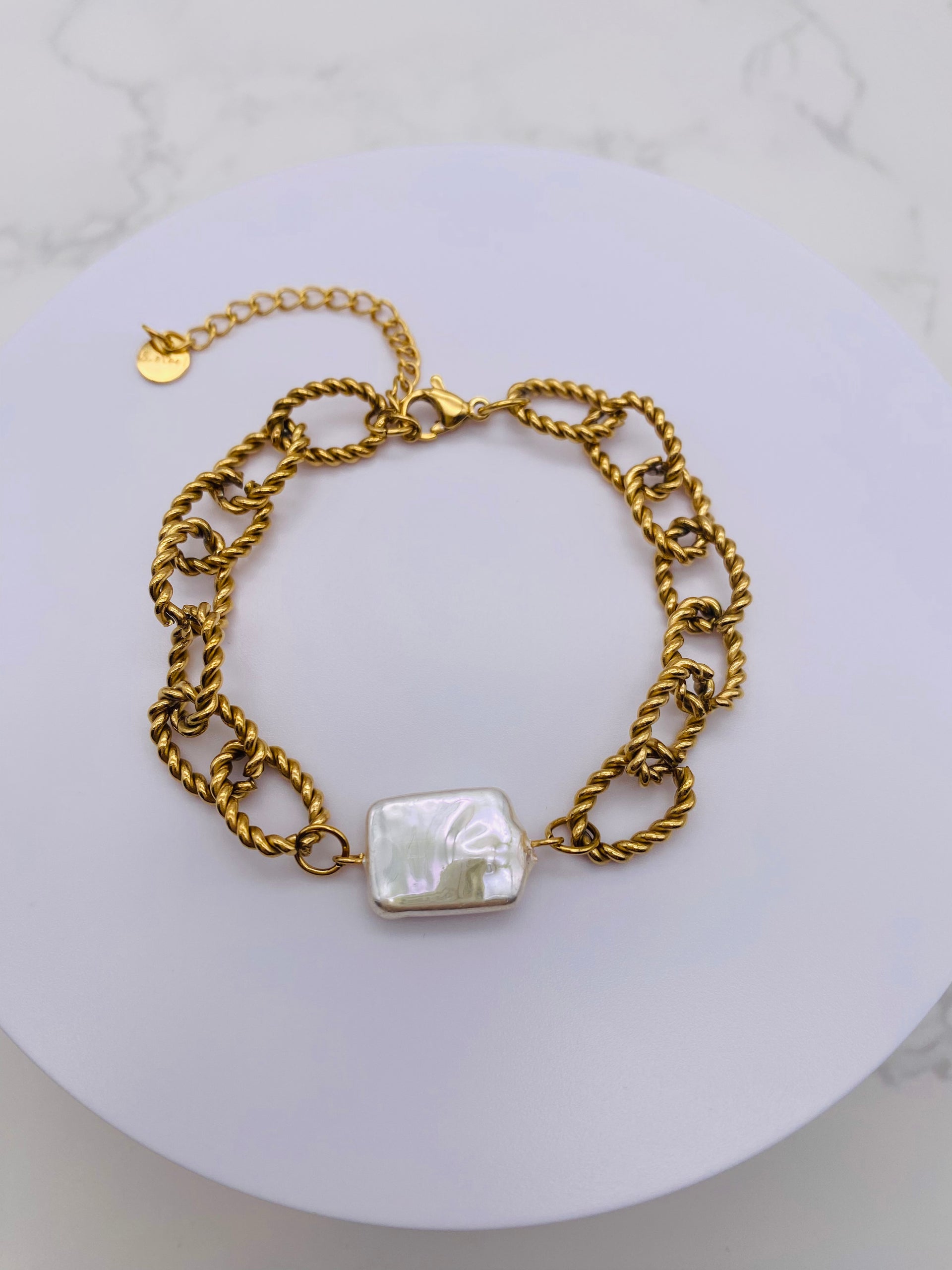 Rectangle Mother of Pearl w/ Twist Paperclip Chain BRACELET
