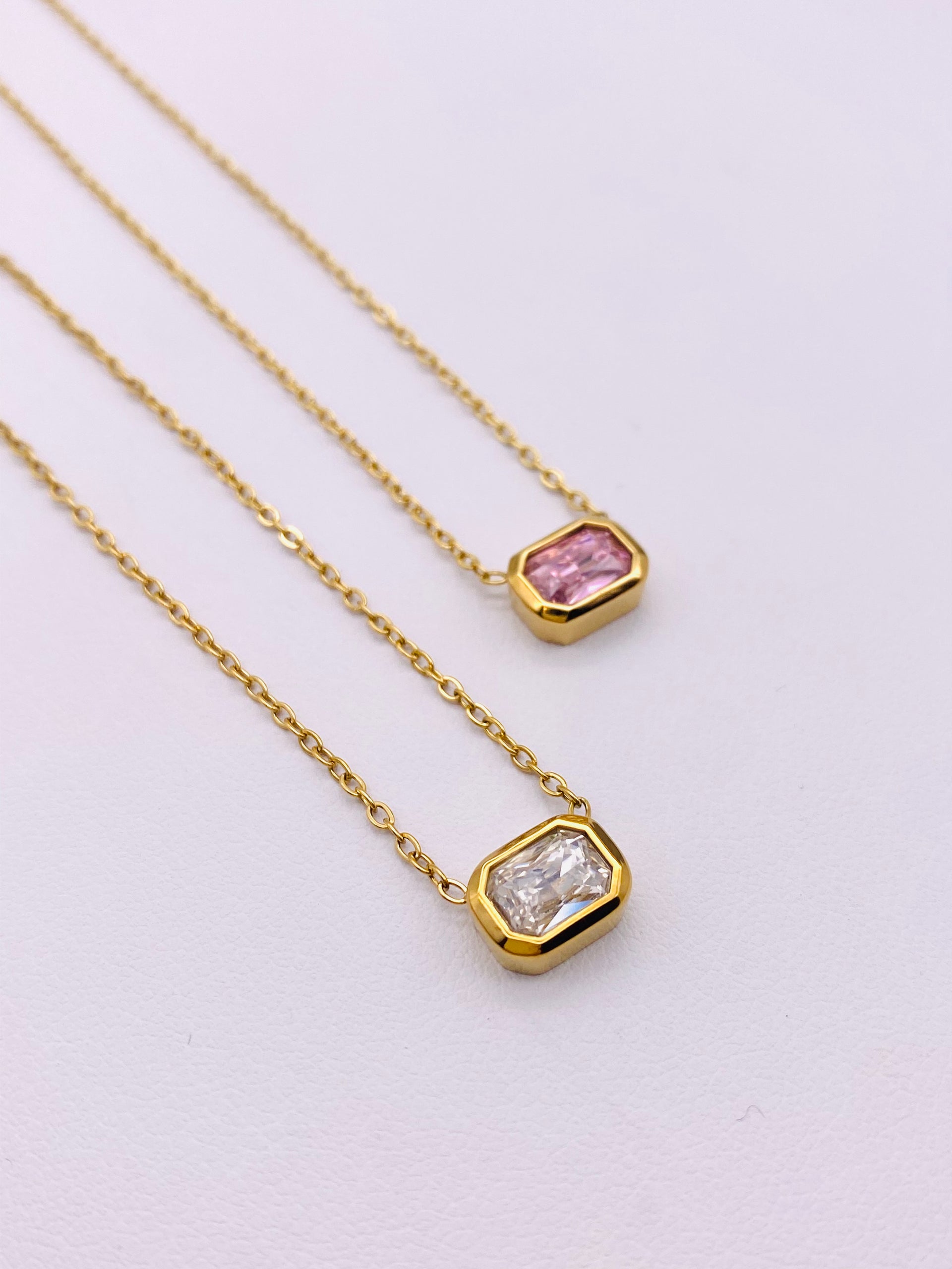 Rectangle White or Pink CZ Necklace