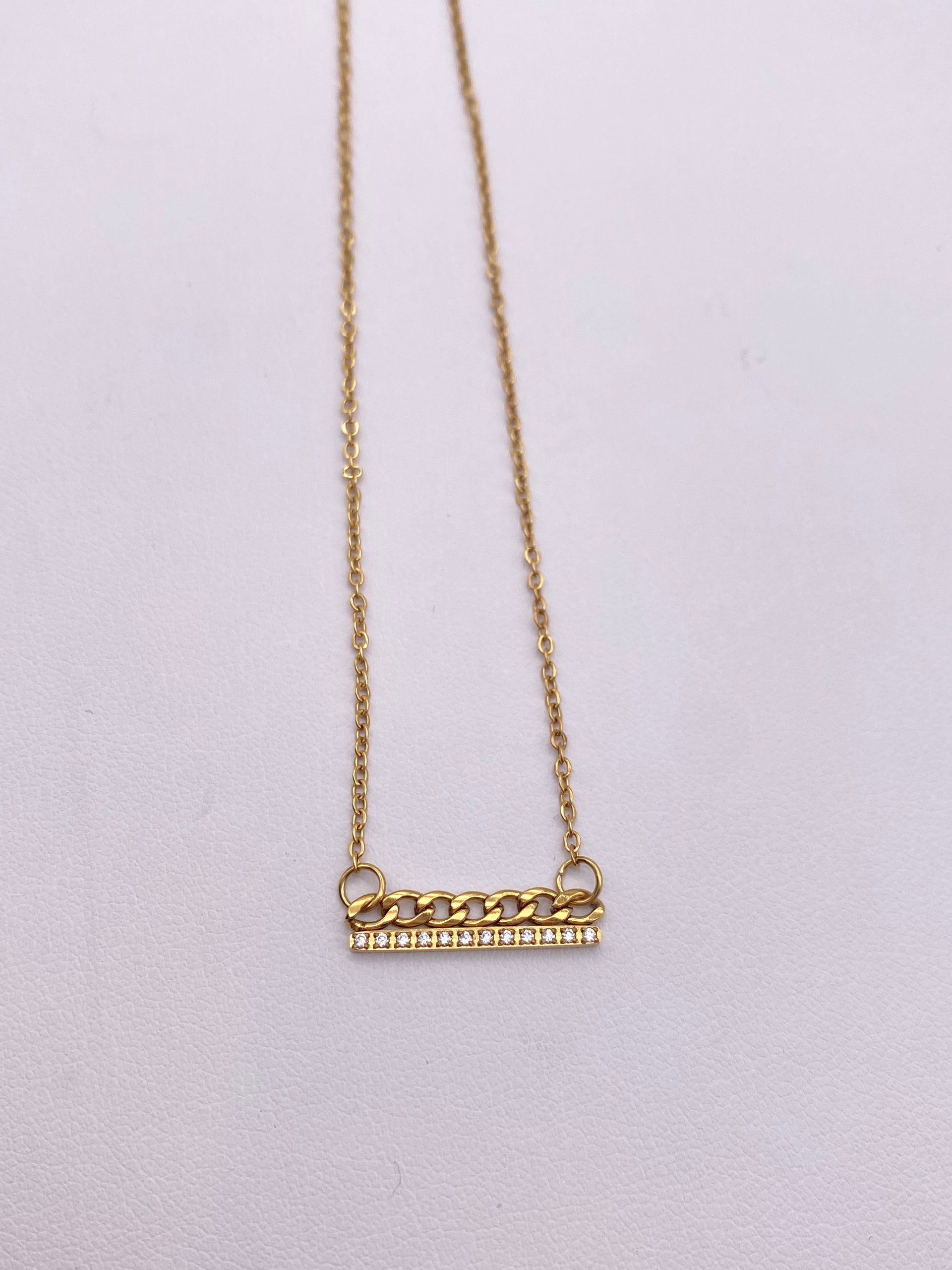 Thin Curb & CZ Bar Necklace