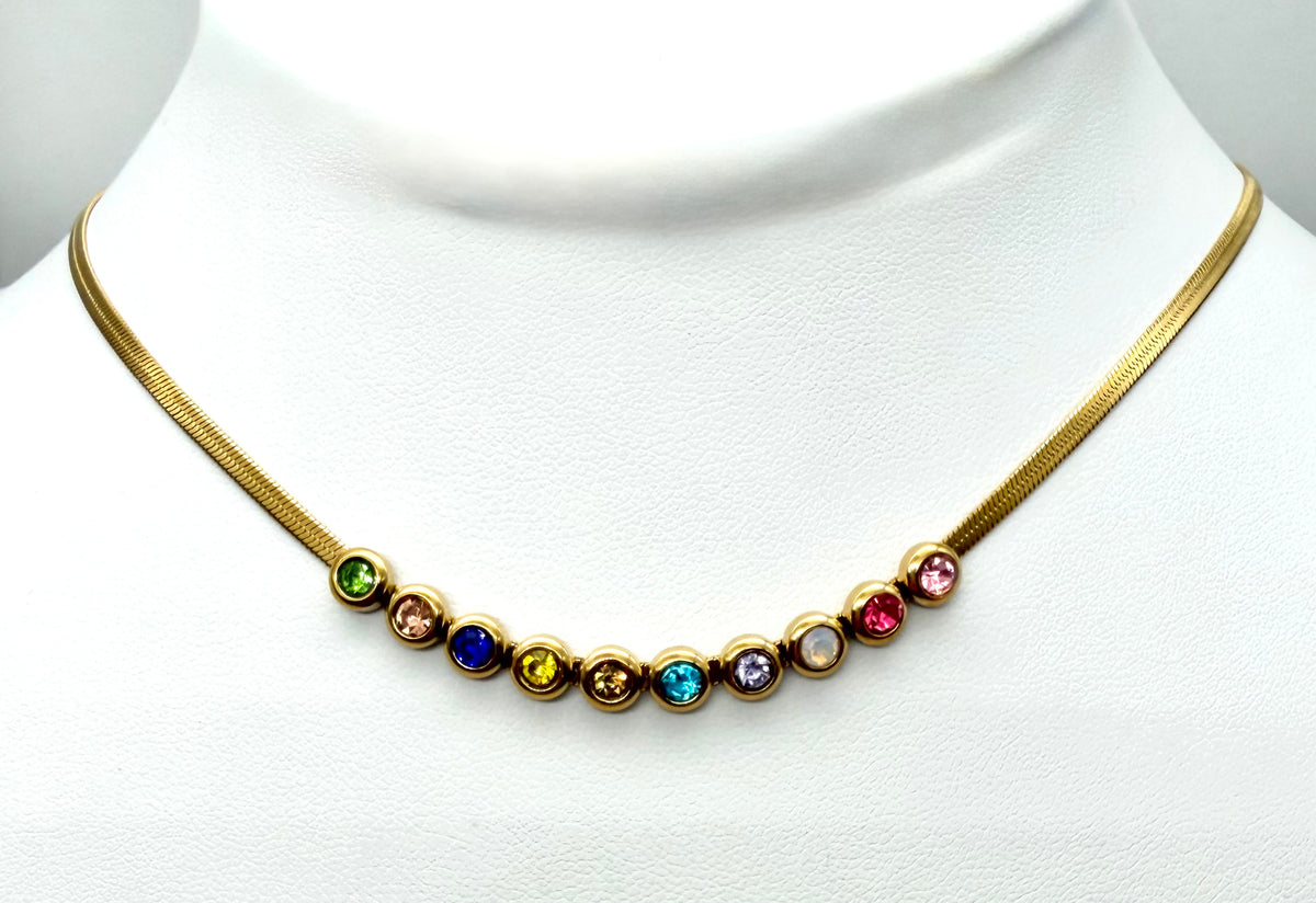 Multi Color Stone Herringbone Necklace - 18K