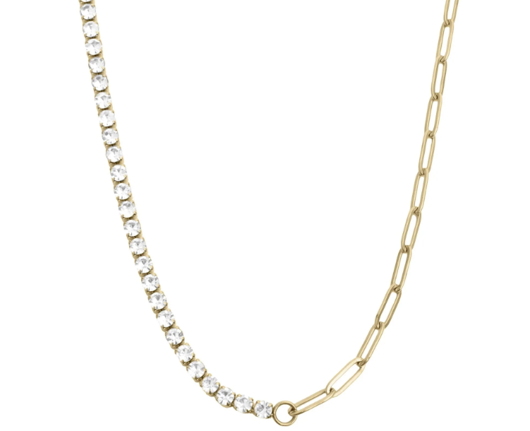 1/2 Tennis 1/2 Paperclip Necklace - 18K
