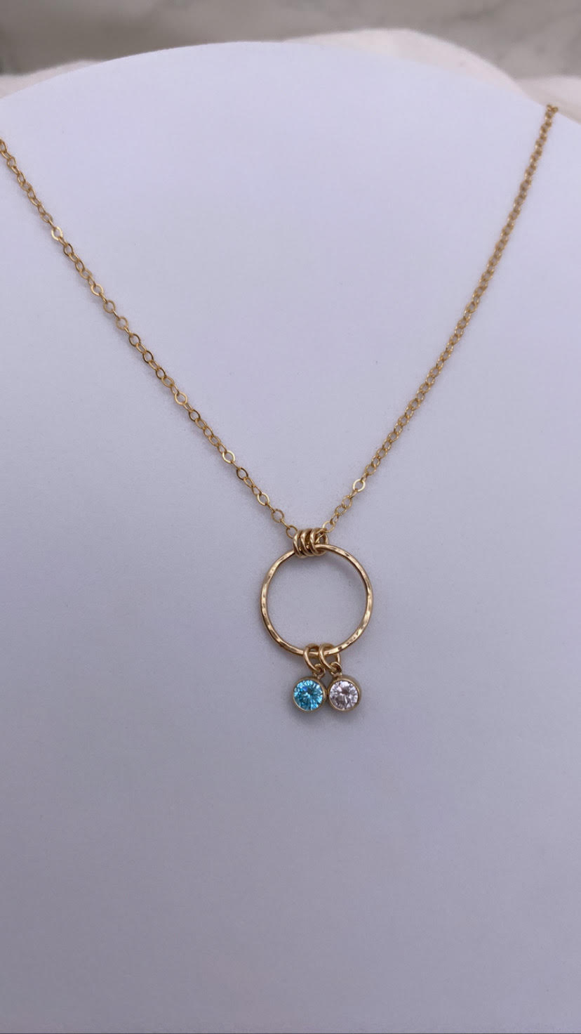 Birthstone Necklace - Eternity Circle Pendant - Cubic Zirconia Bezel Charms